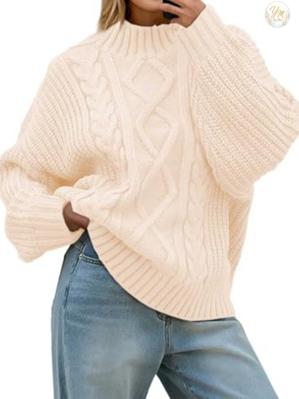 Saodimallsu Oversized Cable Knit Turtleneck Pullover Sweater